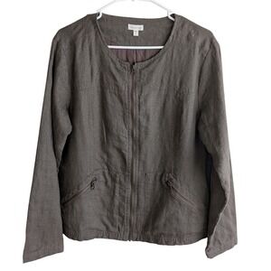 Garnet Hill 100% Linen Brown Khaki Stitched Quilted Utilitarian Jacket